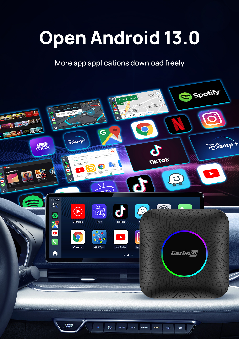 Carlinkit Car carplay ai box QCM6225 chipset android 13 4gb + 64gb 4G SIM card magic carplay box e-map navigaiton youtube netflix APP using