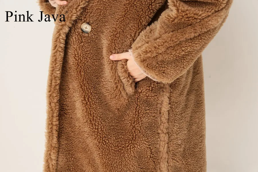 PINK JAVA QC1848 arrival real sheep fur coat long style camel teddy coat over size winter women coat 240708