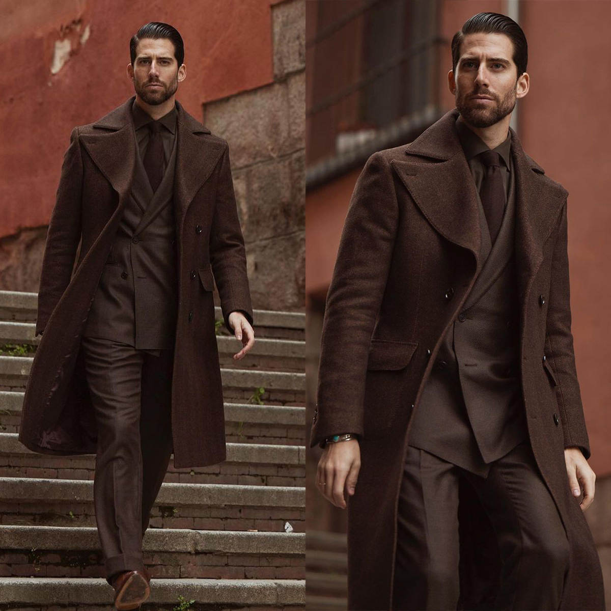Formal Brown Men Suits Thick Wool Custom Made Double Breasted Tuxedos Peaked Lapel Blazer Back Vent Business High Quality Popular Cheap Price Long Coa