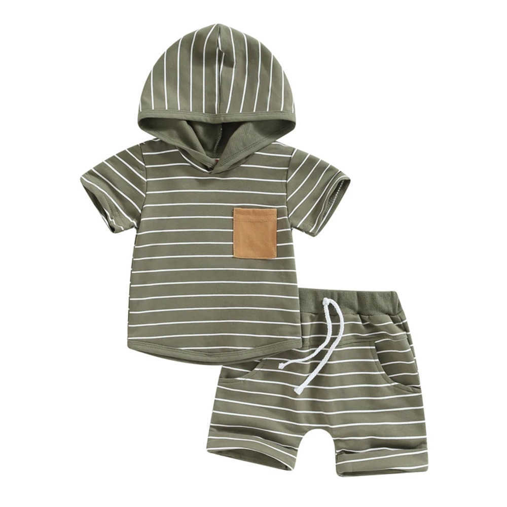 Clothing Sets Toddler Clothing Baby Boys Summer Outfits Stripes Short Sleeve Hooded Sweatshirt and Casual Elastic Drstring Shorts Set PC7U