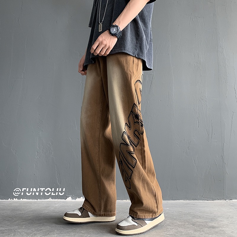 American hip-hop gradient jeans men's and women's trendy high street Vibe loose straight wide leg long pants