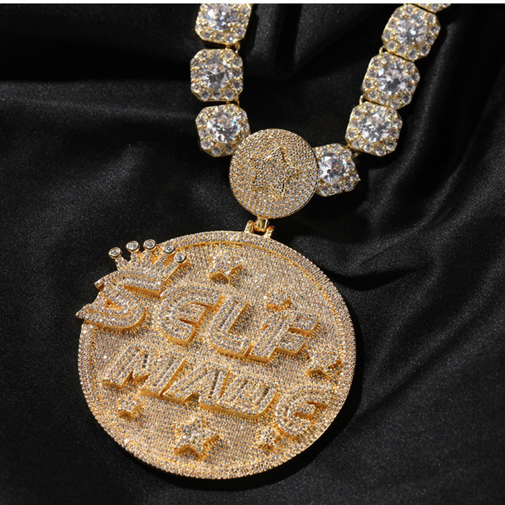 Hip Hop Large Round Plate SELFMANG Letters Pendant Mens Jewelry Full 5A Zircon Rap Jewelry