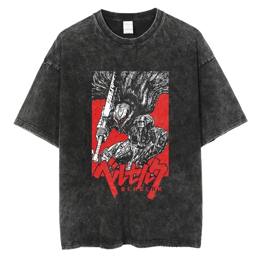 Berserk Print T Shirt Men Vintage Washed TShirt Anime Guts Graphic Tshirt Hiphop Streetwear Tees Summer Casual Clothes 240712