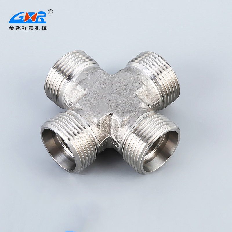 The manufacturer supplies hydraulic four-way fittings with cross external thread hydraulic pipes and quick couplings made of stainless steel 6-55mm mu
