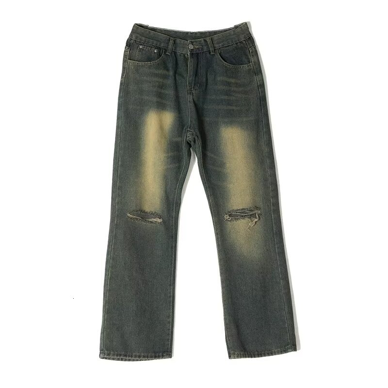 Broken hole jeans men's summer new style American high street design sense niche vintage washed loose straight leg long pants