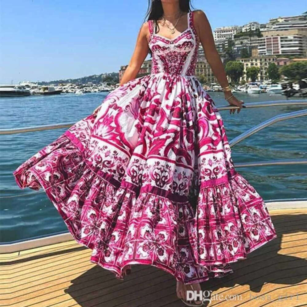Women Dresses Designer Summer New Bohemian Style Elegant Luxury Mid Length Printed Strap Dress 4 Colours