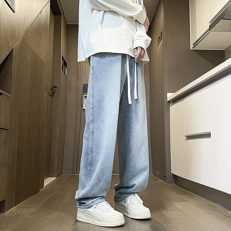 Spring New American High Street Jeans with Men's Loose Straight Drawstring Design
