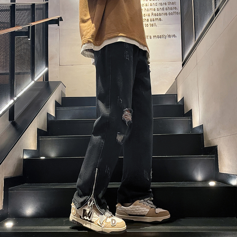 High Street Pant Hem Zipper Fit Slim Ragged Men's Denim Pants