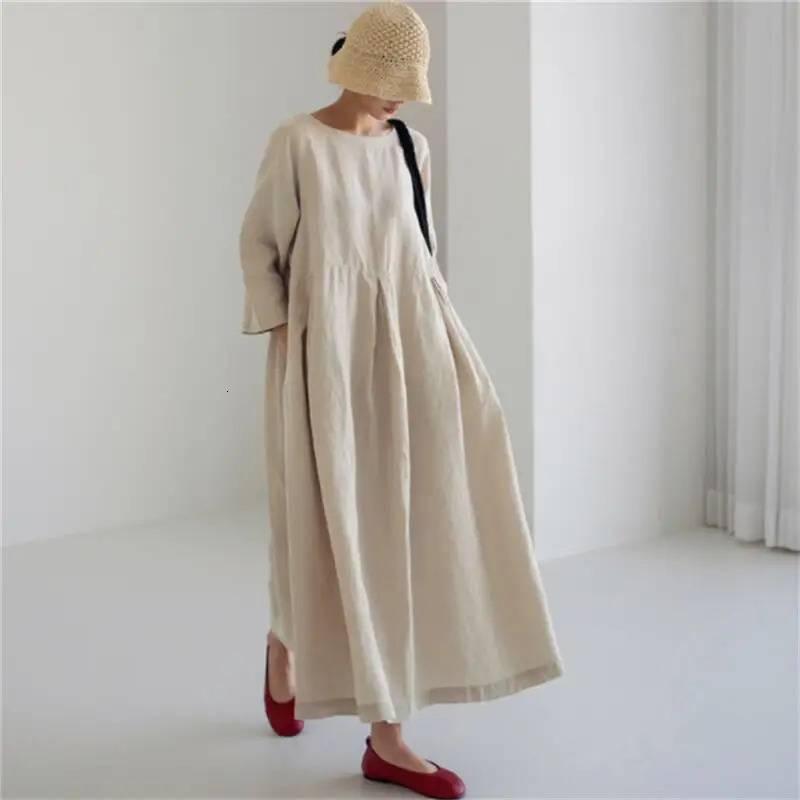 Loose Casual Cotton Linen Dresses for Women Longsleeved Round Neck Vintage Simple Solid Colour Female Holiday Beach Long Dress 240717