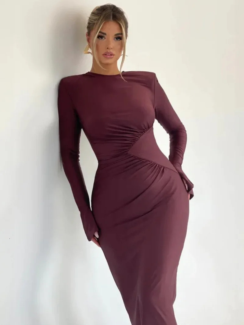 Autumn Oneck Long Sleeve Bodycon Folds Evening Dresses for Women Elegant Fashion High Waist Tunics Party Dress Female 240712