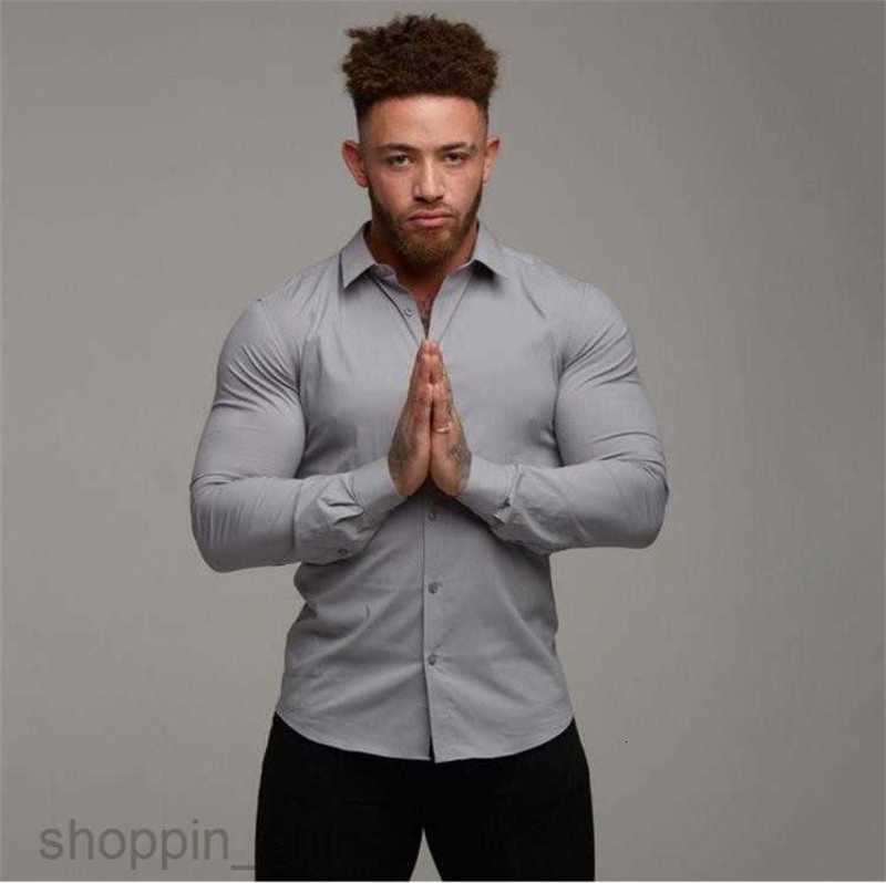 Mens Casual Shirts Muscle men's fitness long sleeved shirt new men's solid color slim fit cardigan thin style shirt tops