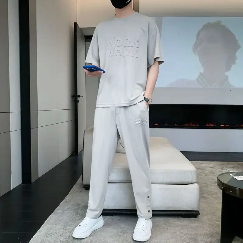 Top Alphabet Male T Shirt Jogging Sports Suits Plain Pants Sets Jogger Clothes for Men Grey Loose Tracksuit Fashion Stylish Chic 240715