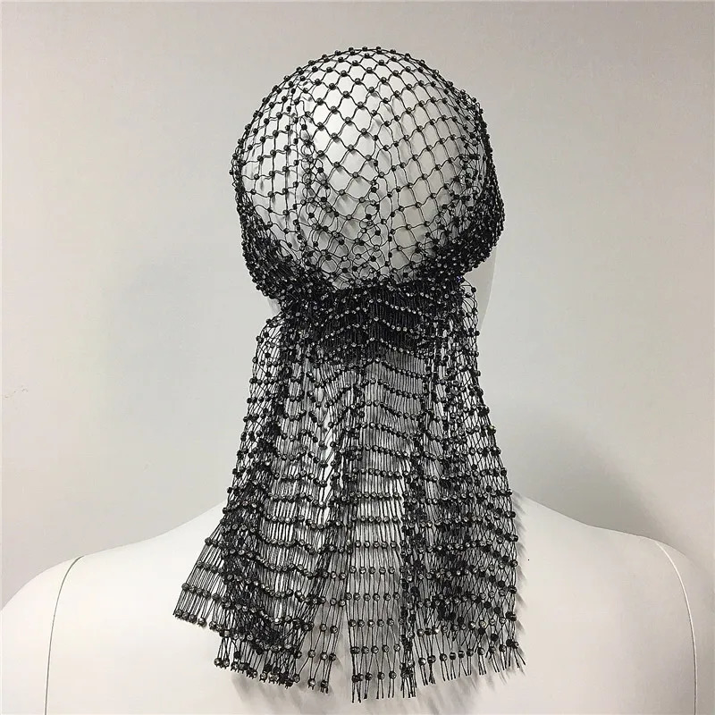 Fashion Women Rhinestone Head Scarf Turban Hat Crystal Fishnet Mesh Cap Bling Headbands Hair Snood Nets Carnival Veil For Women 240717