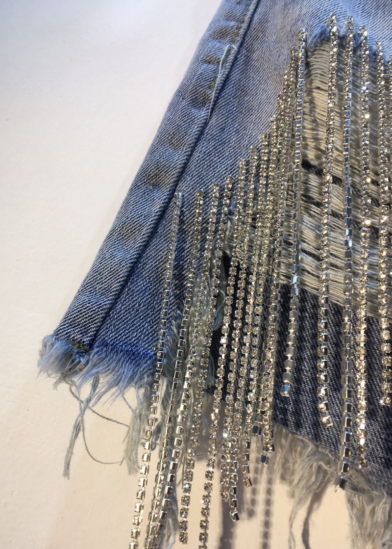 Summer Sexy Diamond Crystal Rhinestone 3XL High Waist Tassel Ripped Jean Denim For Shorts Women
