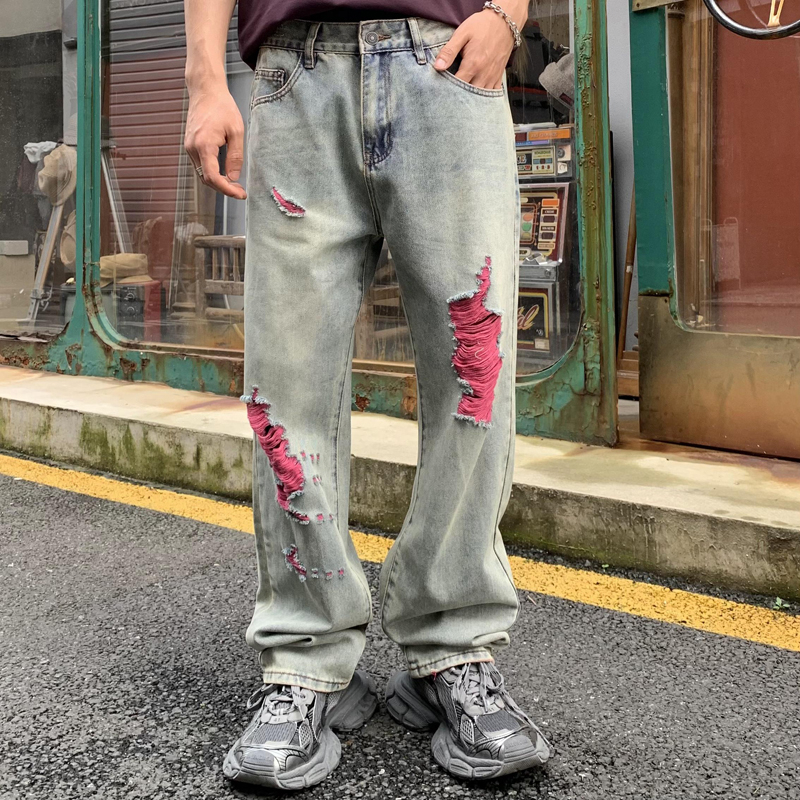 Washed jeans for men, American fashion brand ripped pants, trendy loose straight leg men's denim pants