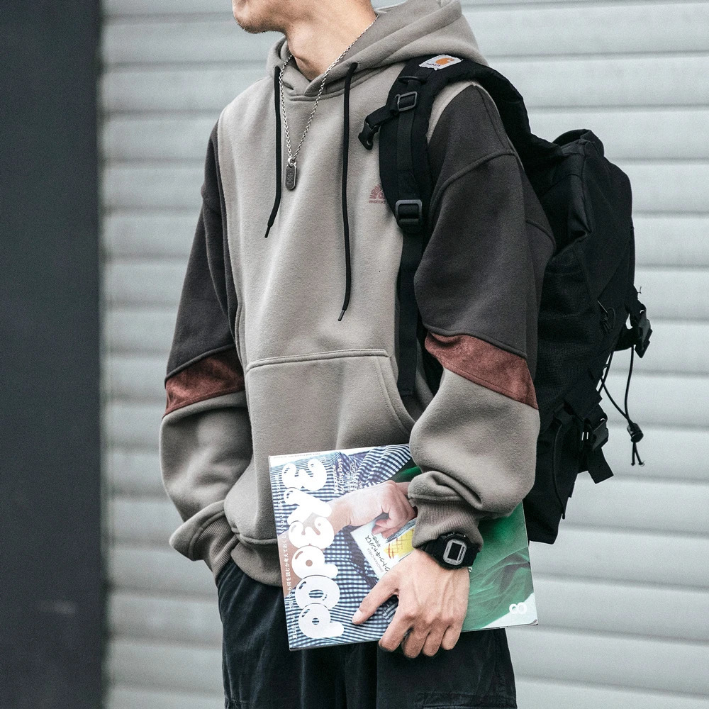 Plus Size Autumn Winter Korean High Quality Fleece Patchwork Hoodie Men Clothing Harajuku Japanese Streetwear Hip Hop Sweatshirt 240712