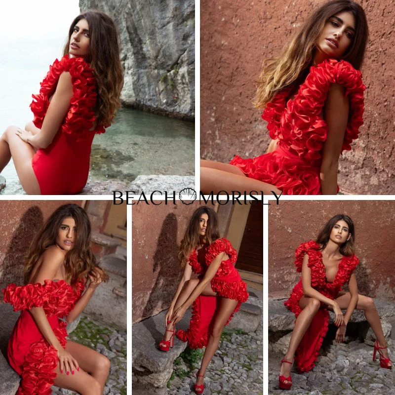 2024 womens swimsuit and bodysuit two sexy red 3D flowers one bikini set swimsuit beach dress swimsuit 240713