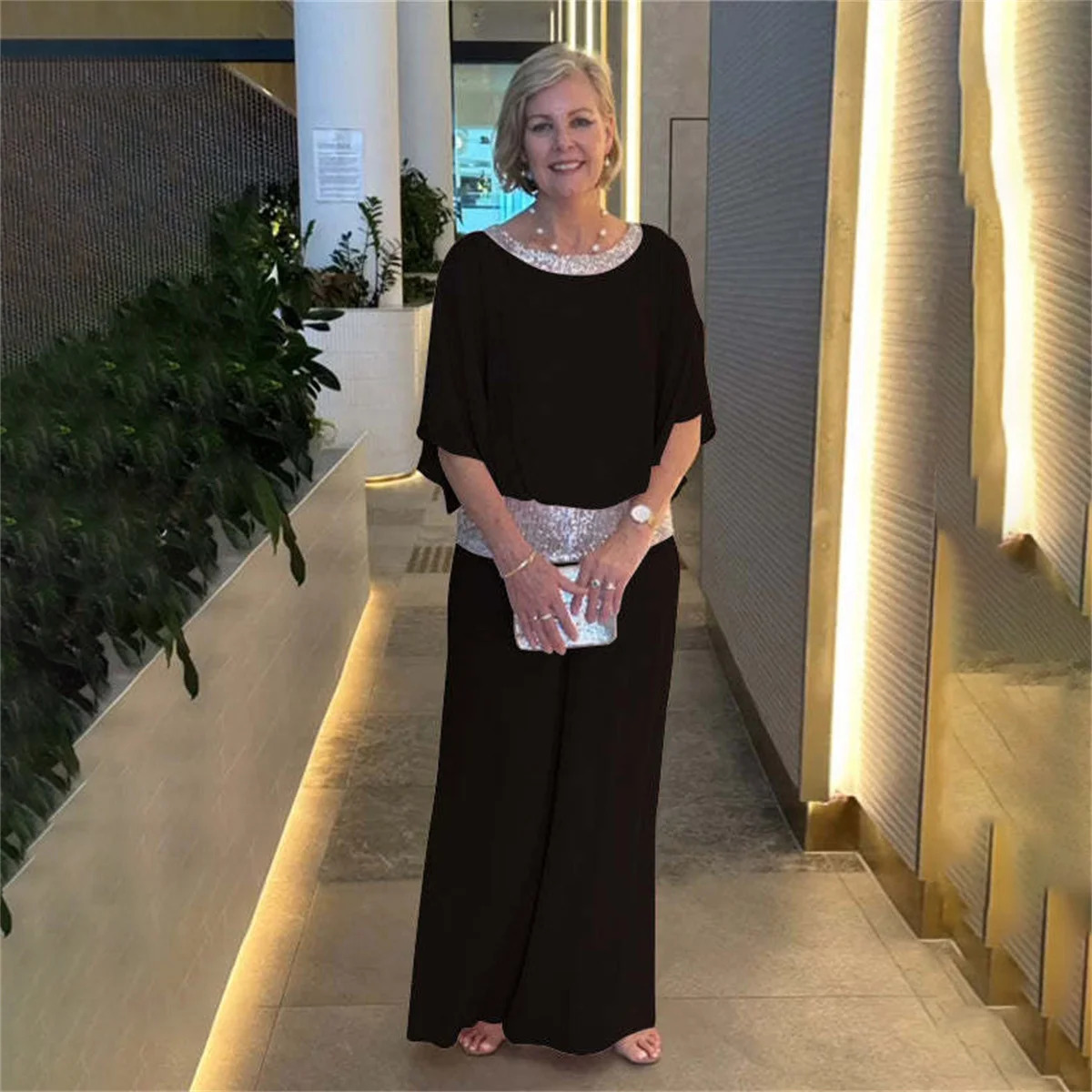 Fashion Sequined Pink Set For Women Elegant Office Lady Chiffon Suit Summer Casual Bat Sleeve Top Wide Leg Pants 2piece Sets 240716