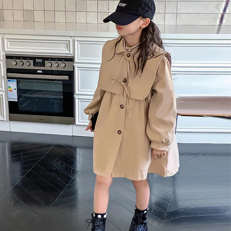 Childrens Clothing Girls Coat Kids Jacket Childrens Spring Autumn Korean Style Cute Long Trench Baby Girls Windbreaker 240710