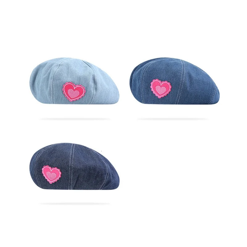 Women Girls Lovely Embroidery Pattern Denim Beret French Hat Casual Sun Hat with Adjustable Strap 240715
