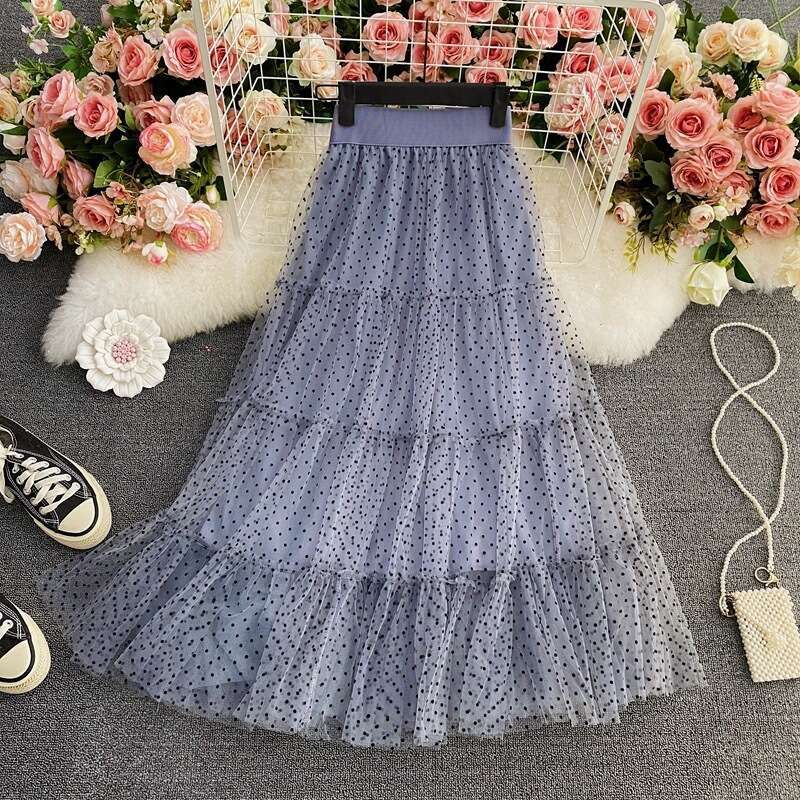 Summer New High Waisted Mid Large Hem Mesh Puffy Cake with Elastic Knee Length A-line Skirt for Women Long Summer Dress Loose Novelty Pregnant Womens 