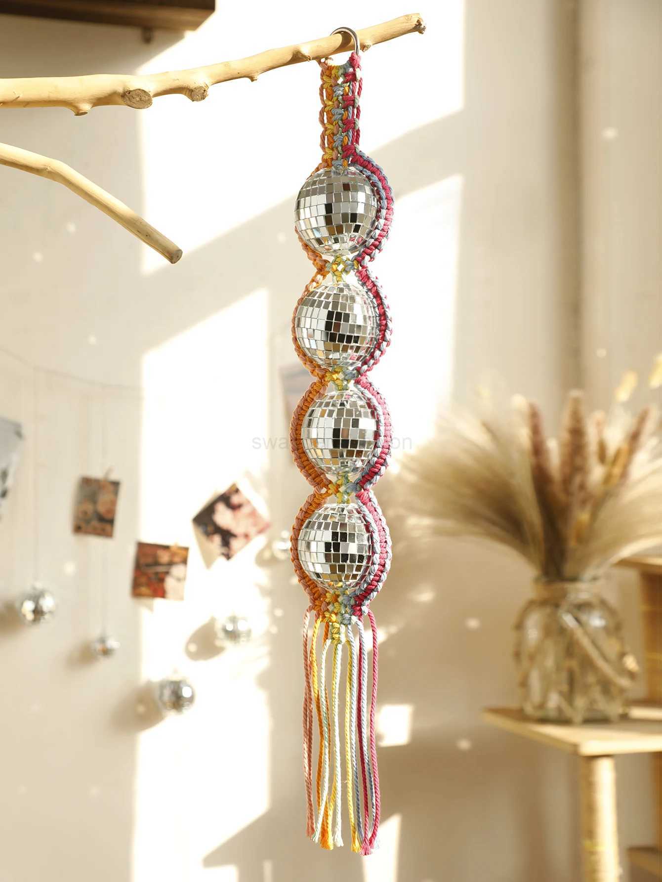 Handwoven Wall Hanging Silver Shining Disco Ball Lighting Reflection Colorful Mirror Ball Big Party Bar Decorations Room DecorB24718