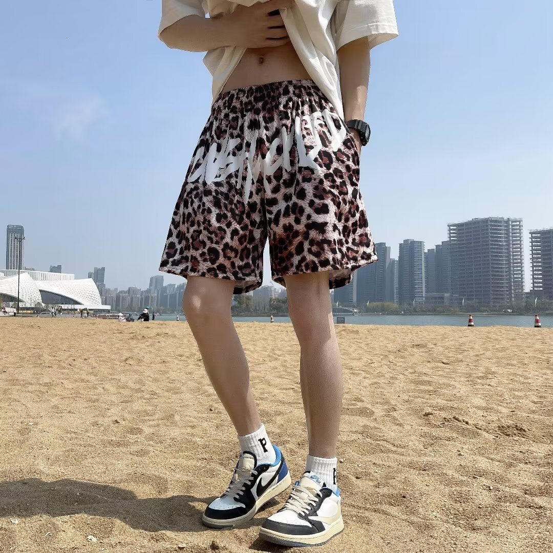 Beach pants leopard print trendy cropped shorts, simple and loose fit, Shangchao brand men's shorts H7.18#20