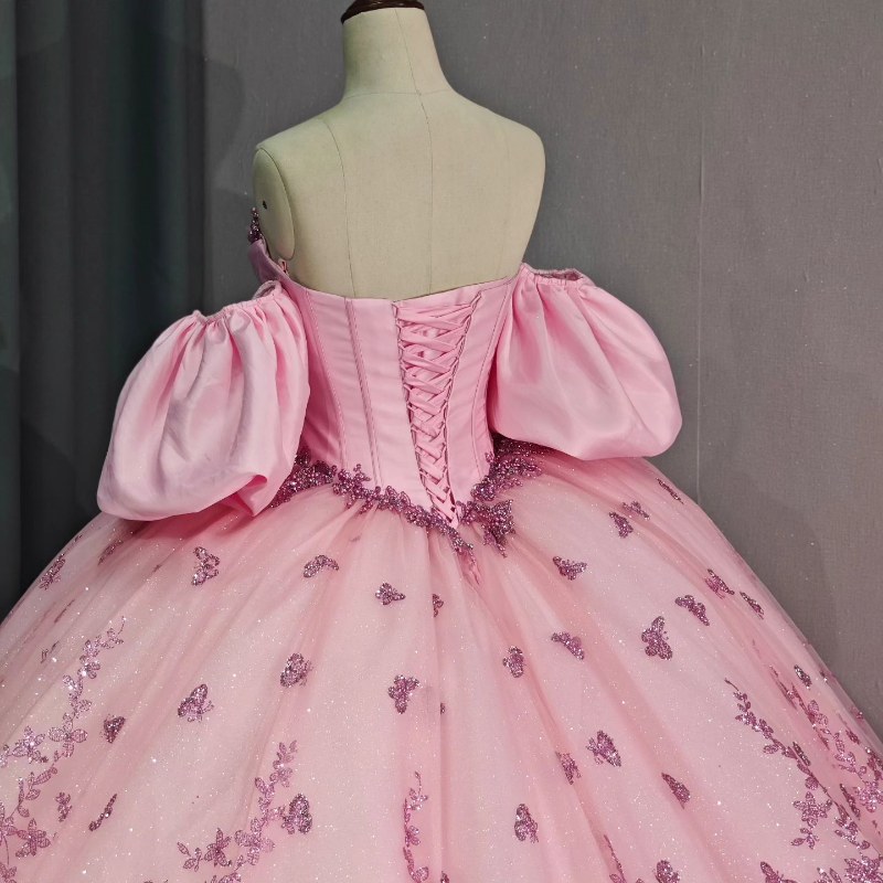 Pink Quinceanera Dresses Off Shoulder Gillter Bow Pearls Tull Corset Mexican Birthday Party Sweet 16 Vestido 15 anos