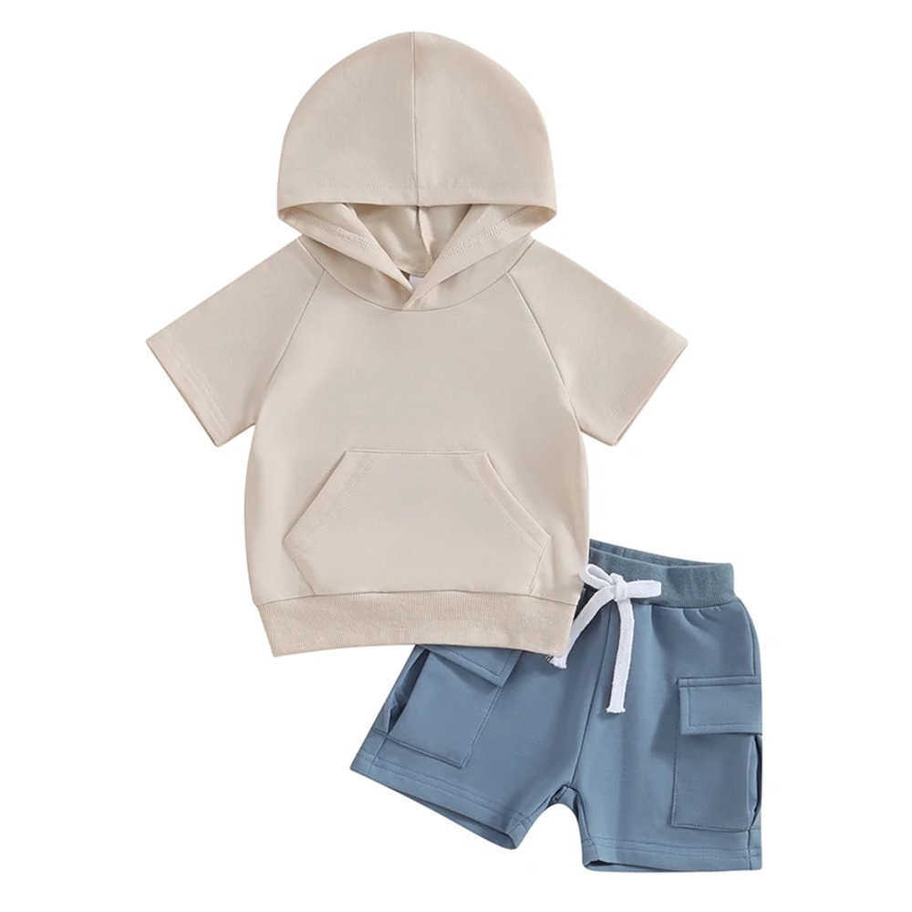 Clothing Sets Toddler Boys Summer Outfits Solid Color Hooded Short Sleeve T-Shirts Tops and Pockets Elastic Waist Shorts 2Pcs Clothes Set W2DY