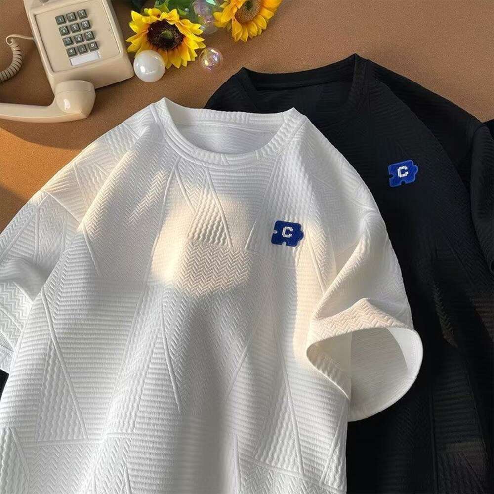 Man Tshirt Korean Oversized Loose White Summer Baggy Waffle Short Sleeve Bu T Shirt Men
