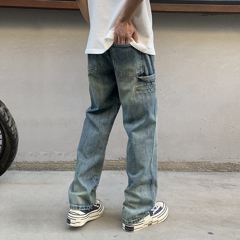 American fashion brand workwear jeans men's trendy straight washed loose and versatile quality wide leg pants