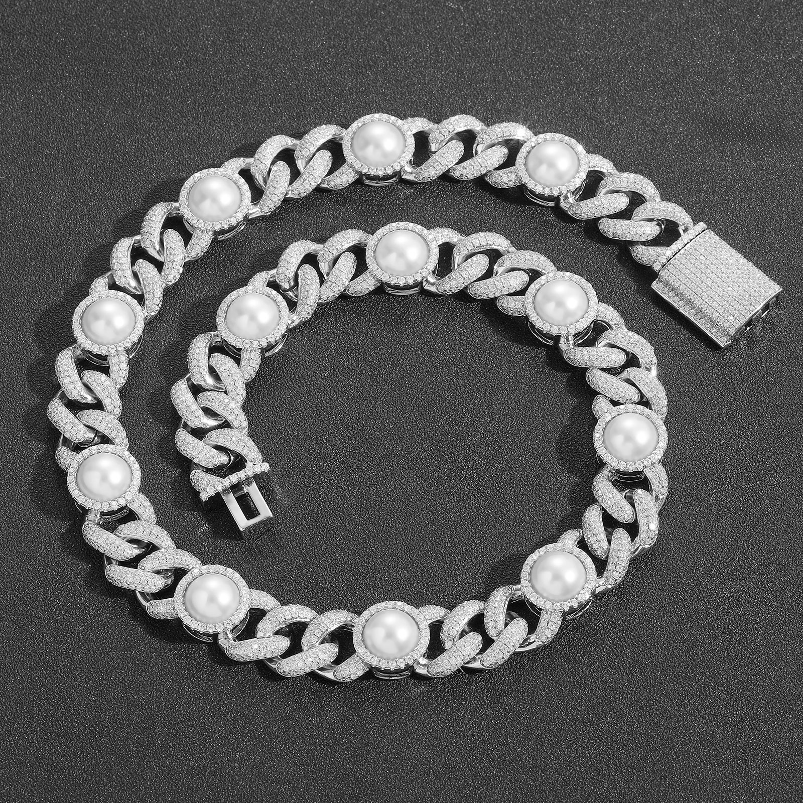 Hip Hop High Quality Pearl Cuban Chain Necklace Bracelet 5A Zircon 18k Gold Plated Jewelry Set