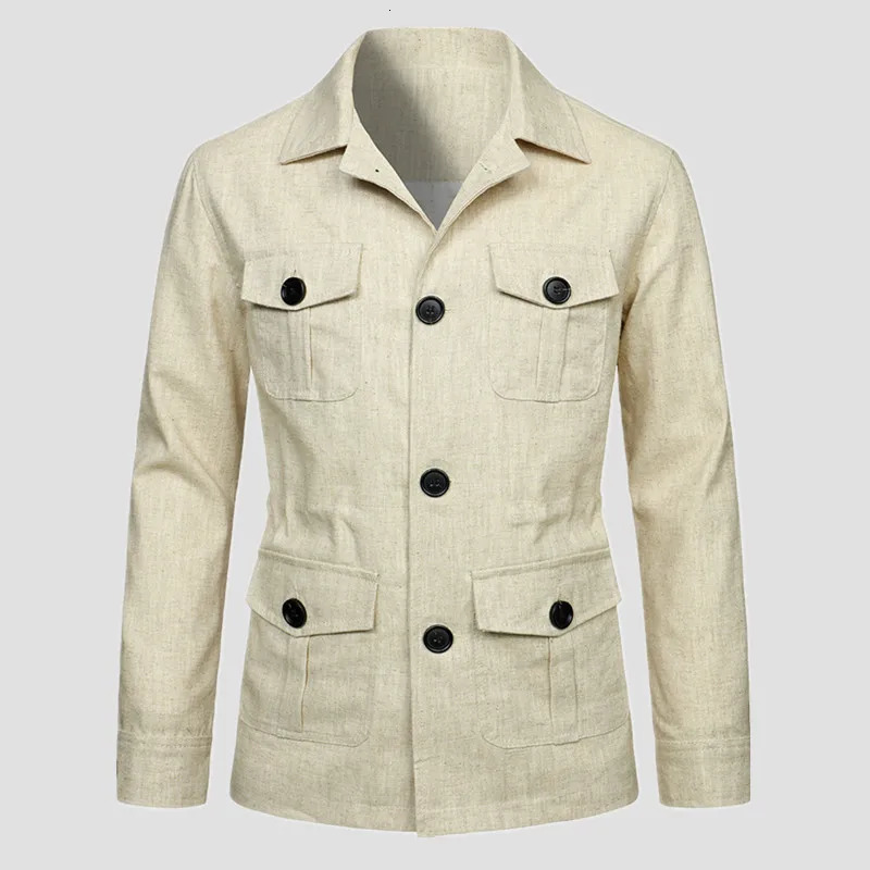 Mens Coats Safari Jacket Linen British Retro Gentry Suit Pockets Outerwear Fashion Solid Color Male Tops Ropa Hombre 240711