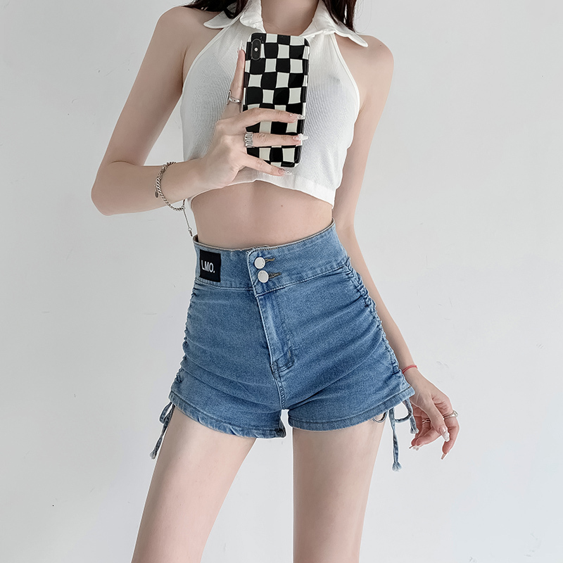 Fashionable high waisted thin denim shorts two button buttons women, elastic slim fit with wrapped arms, slimming hot pants for students, Korean style