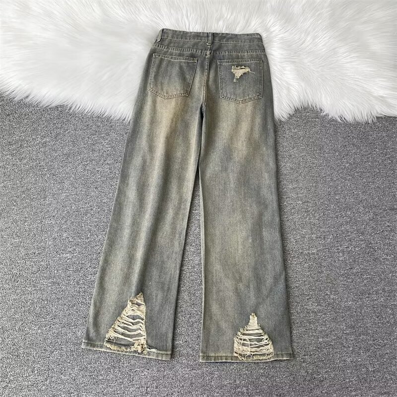 American tall summer ripped jeans, men's mud dyed vintage high street dirt style pants, wide leg mop beggar pants