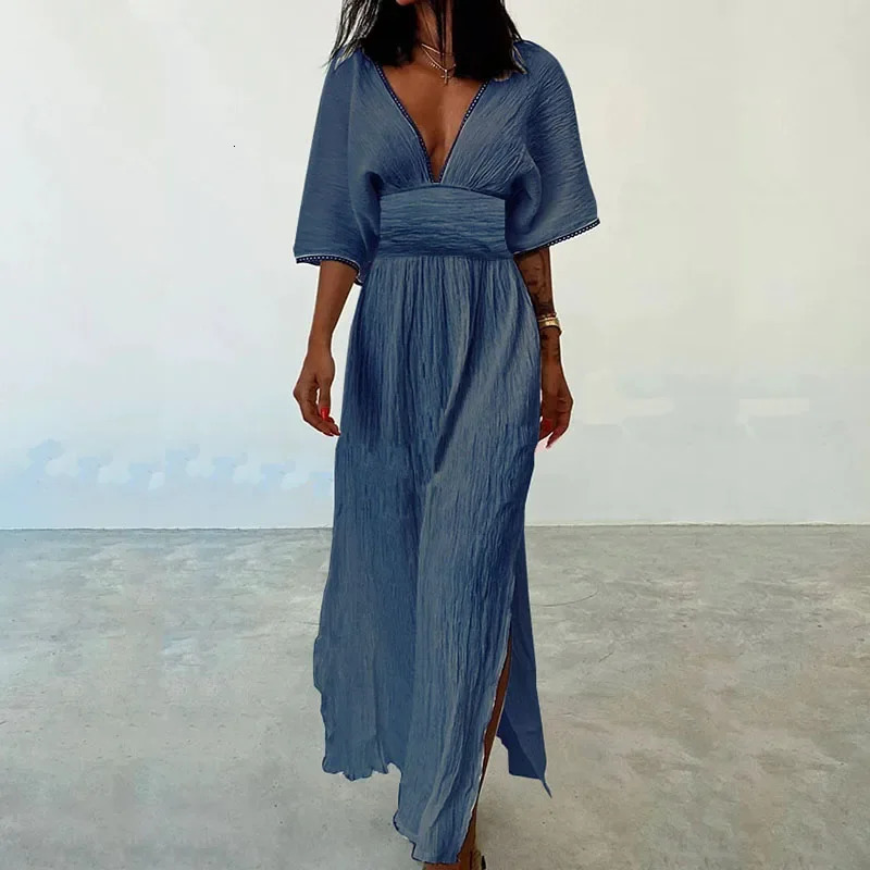 Women Vintage Solid Cotton Linen Dress Spring Deep Vneck Tunic Split Long Summer Batwing Sleeve Boho Maxi Dresses Vestido 240712