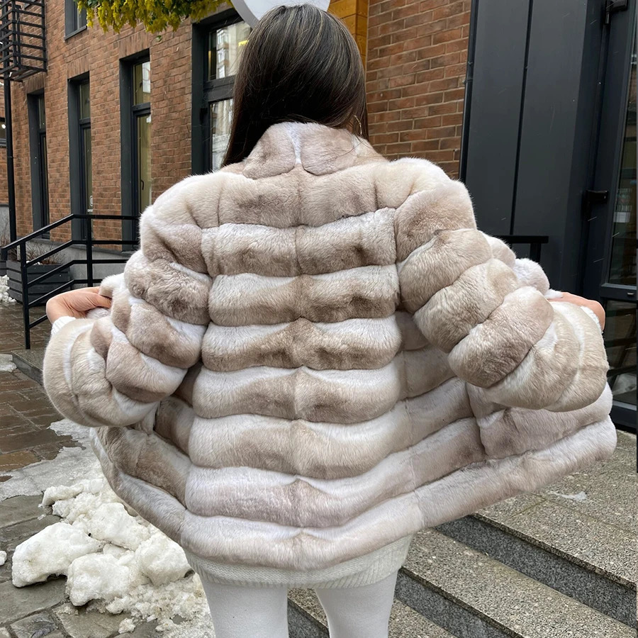 Women Rex Rabbit Fur Coat Winter Chinchilla Colour Fur Coat Winter Jacket Women Natural Short Fur Coat 240708