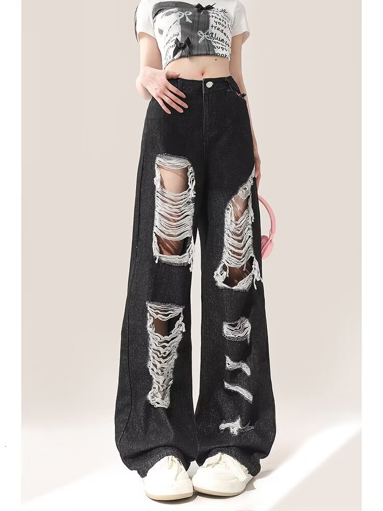 American washed distressed jeans, men's spring and autumn straight leg loose high street vibe style long pants