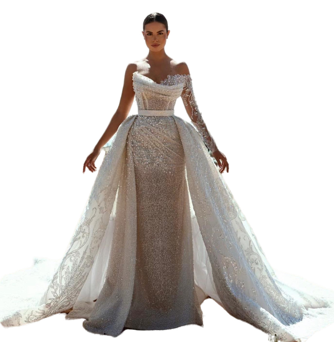 2024 Arabic Aso Ebi Plus Size Ivory Mermaid Wedding Dresses Lace Pearls Detachable Train Sparkly Bridal Gowns Dresses ZJ046
