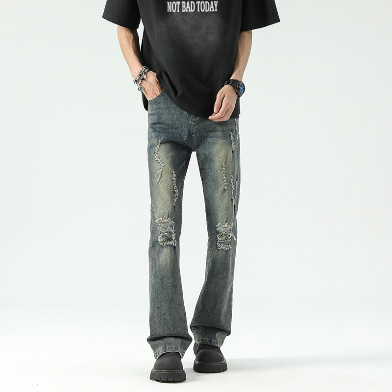 Spring and Autumn Mud Dyeing Elastic Hole Explosion Small Straight Pants High Street Clean Fit Trendy Brand Jeans Men
