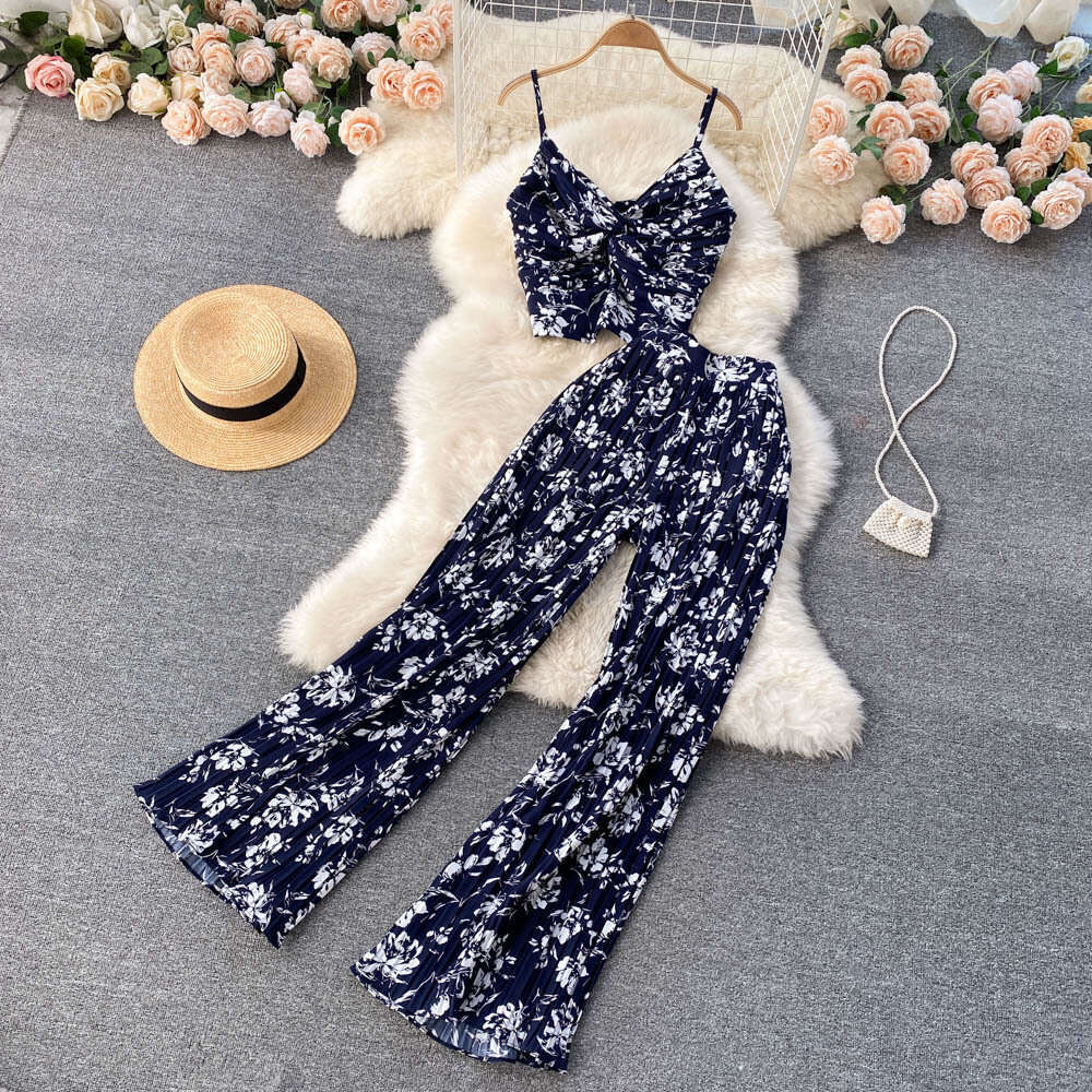 Seaside Vacation Temperament V-neck Strap Vest, Heavy-duty Pleated Micro Flared Wide Leg Pants, Versatile Two-piece Set Lace Dress Pregnant Womens Dre