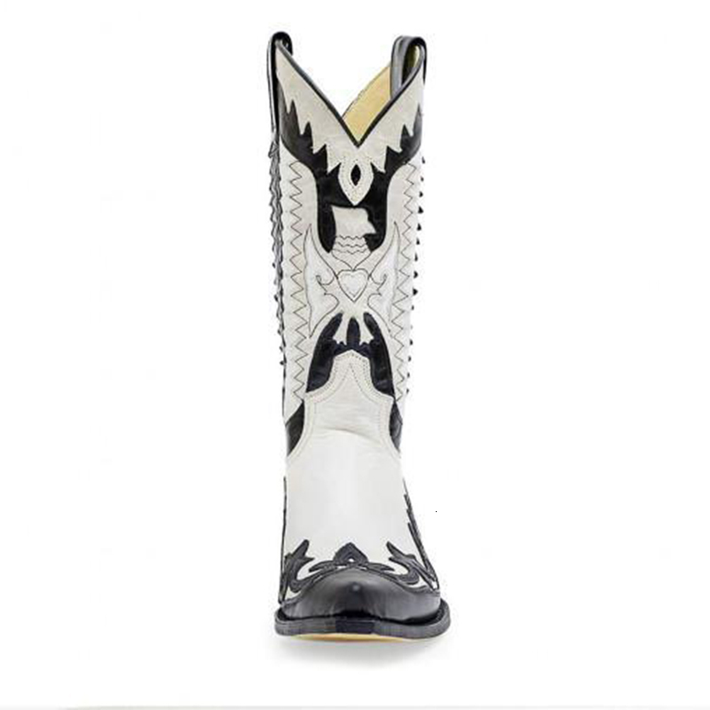 Men's Western Cowboy Males Pointed Toe Outdoor Mid-Calf Handmade Retro Shoes Black White Boots For Men Zapatos De Hombre