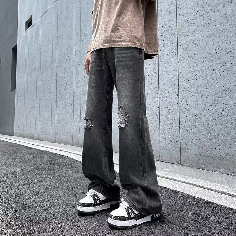 Summer Brand Cloth Piercing Black Grey Jeans Men's Loose Straight Wide Leg Rascal Handsome Large Casual Pants Trendy