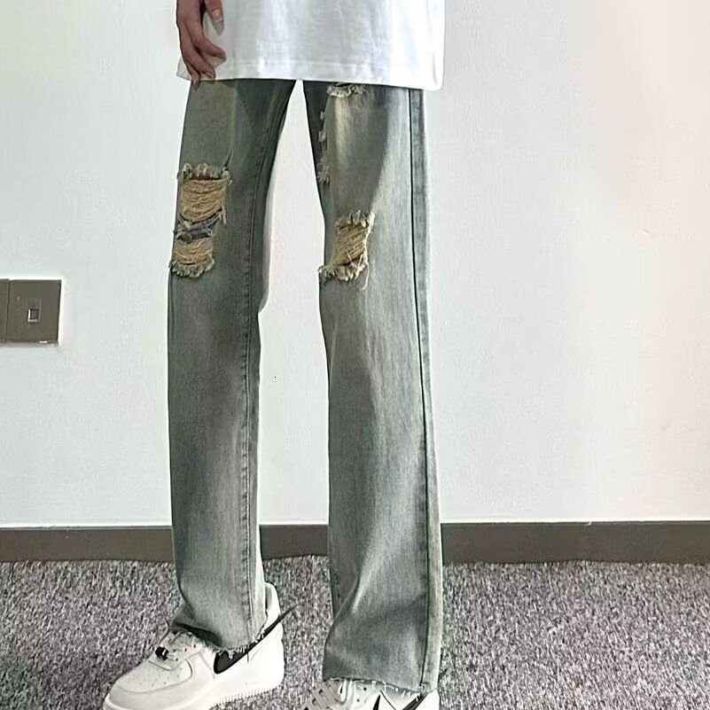 New high street washed distressed jeans with holes, men's trendy brand loose straight tube versatile American pants