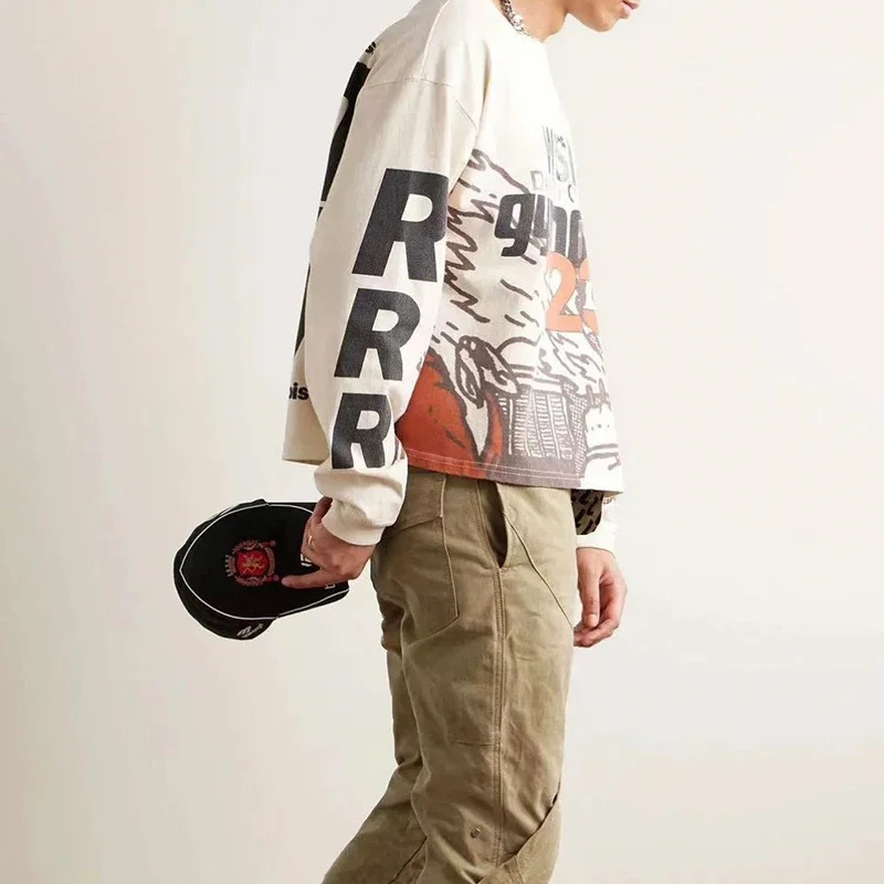2024 Quality Graphics Slogan Graffiti TShirt Men Women Oversized Cement White RRR123 Long Sleeved T Shirt Vintage Tops 240715