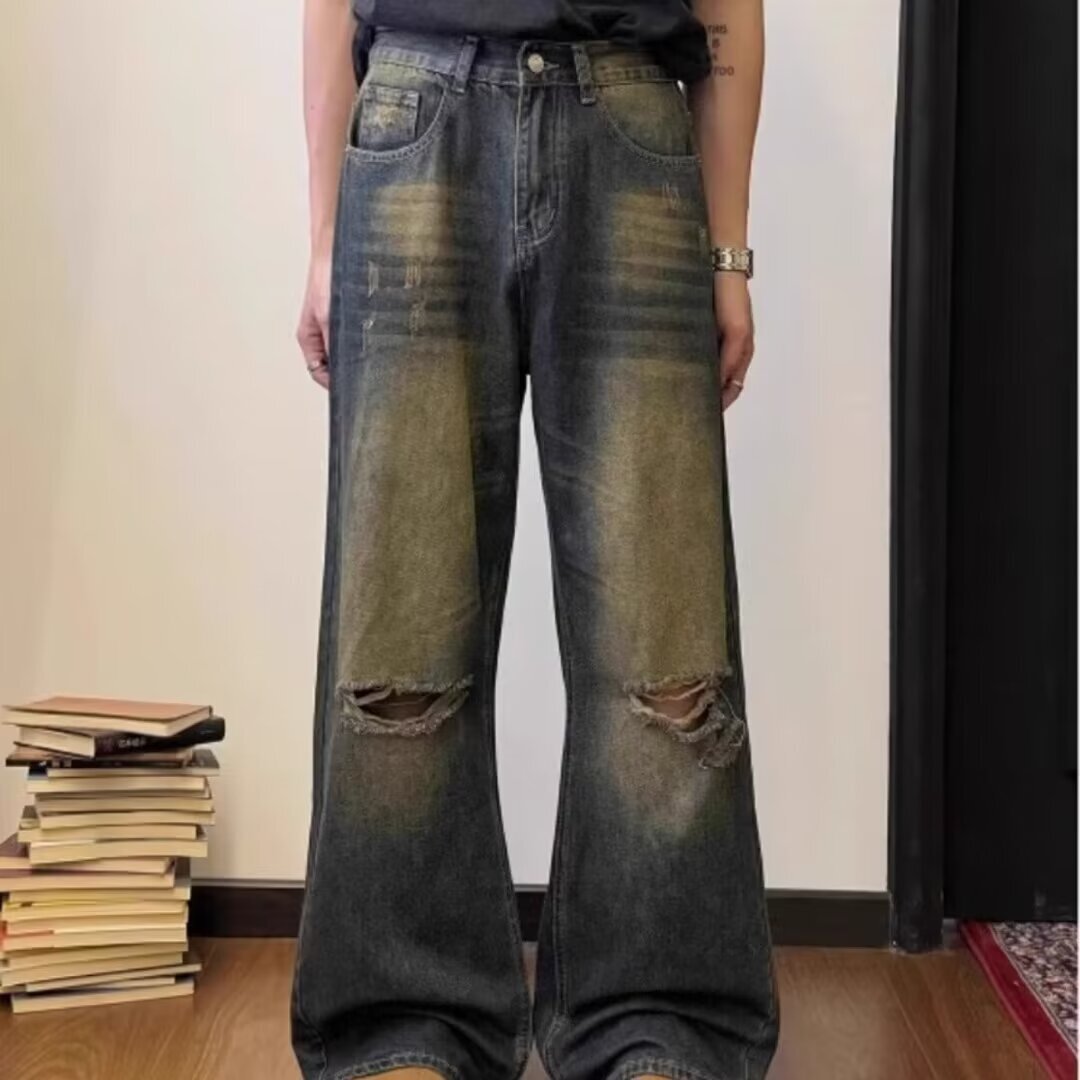 Distressed jeans for men's summer slim American high street design with a sense of niche, distressed, washed loose, straight leg long pants