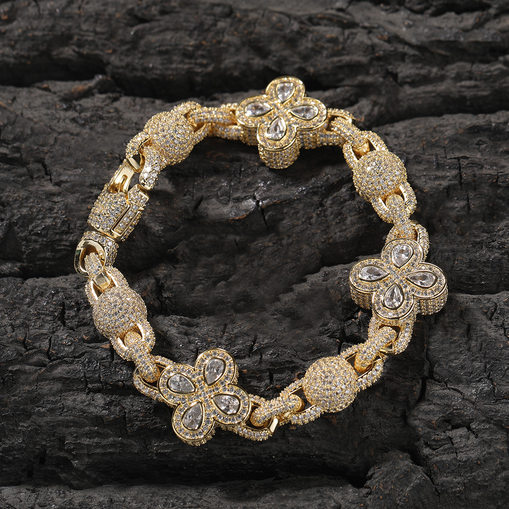 Hip Hop Flower Chain Necklace Bracelet 18K Gold Plated 5A Zircon Men Jewelry Set