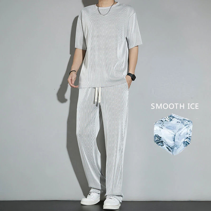 Ice Silk Sports Set Mens Summer Thin Tracksuit Men Casual Long Pants Short Sleeve T-shirt Quick Drying Clothes Sets 240715