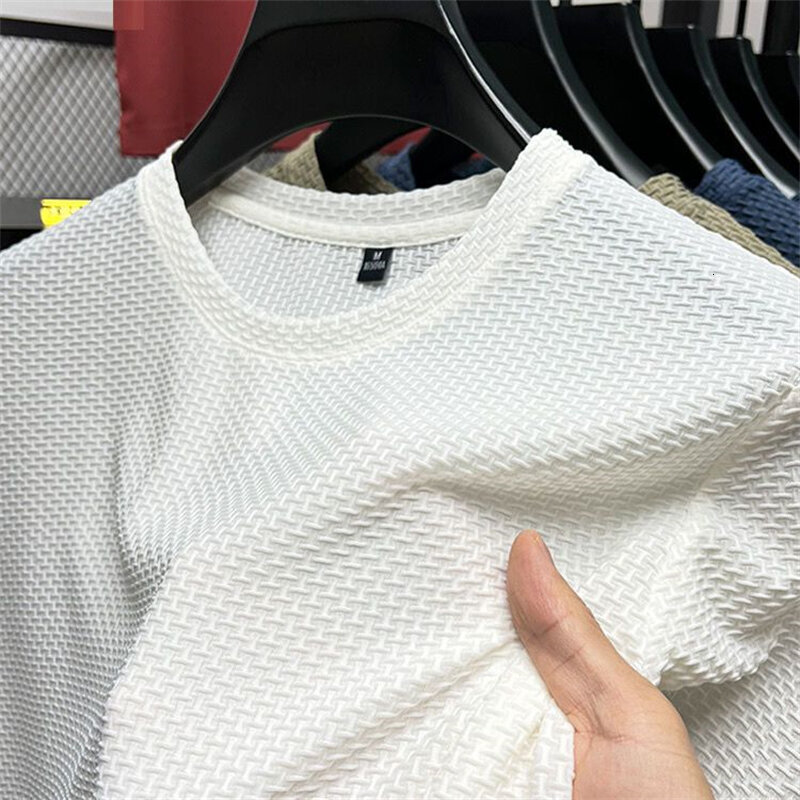 Summer Mesh Ice Silk T-shirt Men's Short Round Neck 2023 New Half Sleeve Men Thin Solid Color Tees Top