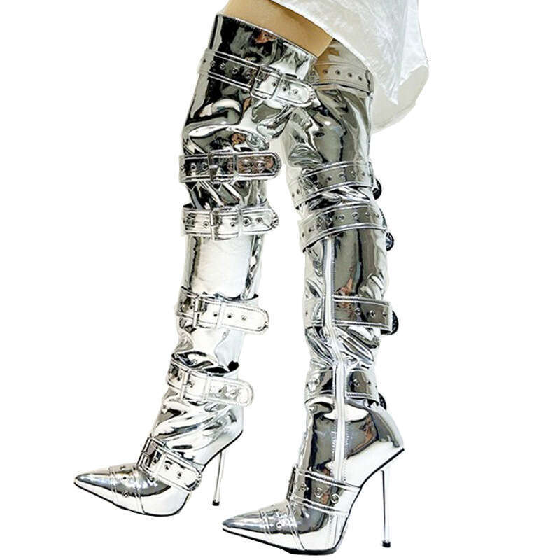 HBP Sexy metal high-heeled pointed belt buckle rivet knee high boots, oversized banquet and fashion boots